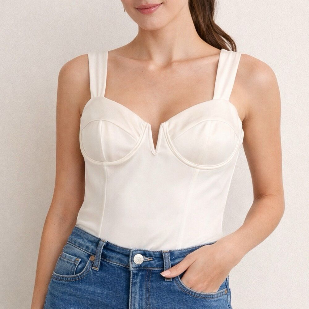 NEW Lulus White Bodysuit Size Medium Satin Stretch Tie Back‎ Chic